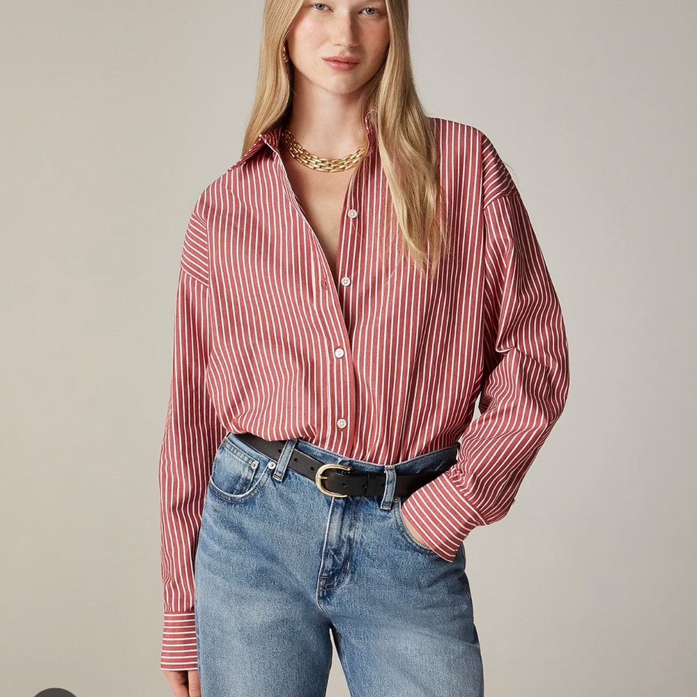 J. Crew Red and White Relaxed Button Down Shirt
